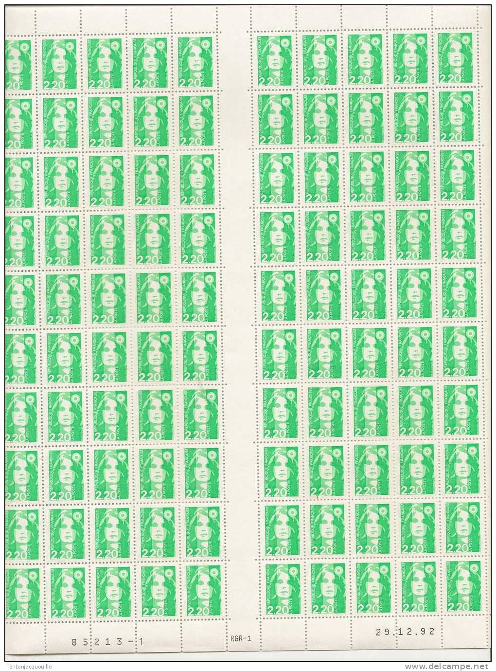 MARIANNE A 2,20 VERT (29 12 92) ++   FEUILLE DE 100 TIMBRES A 2,20 - Feuilles Complètes