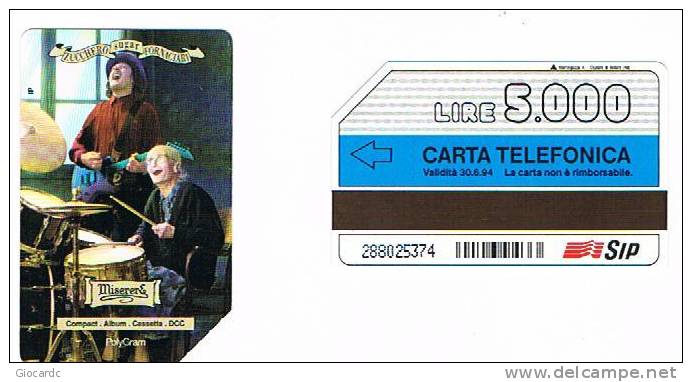 TELECOM ITALIA (PERIODO SIP) - CAT. C.& C.  2264 - ZUCCHERO SUGAR FORNACIARI: MISERERE - USATA - Pubbliche Speciali O Commemorative