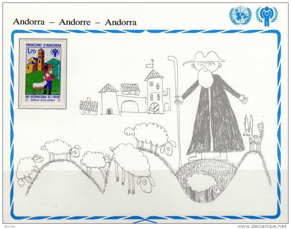 UNO Gedenkblatt zum Kinder-Jahr 1979 E/RF Andorra 125+300 ** 3€ UNESCO auf Schulweg Kind mit Lamm children set of UNICEF