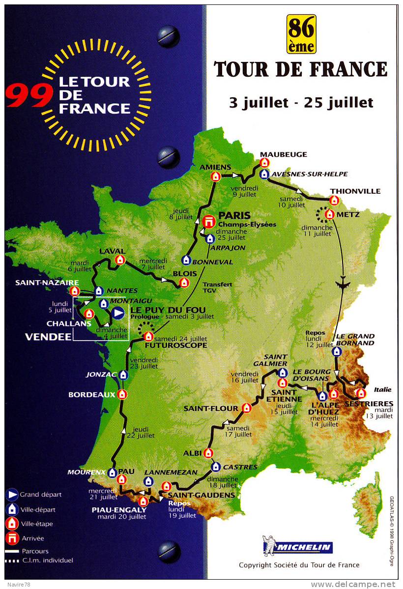 TOUR DE FRANCE 99 CYCLISME. AVESNES SUR HELPE JONZAC PIAU ENGALY SAINT GALMIER THIONVILLE MAUBEUGE AMIENS ARPAJON BLOIS - Einweihungen