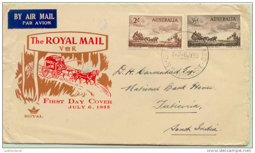 AUSTRALIA 1955 MAIL COACH SET OF TWO ON ILLUSTRATED FIRST DAY COVER USED AIRMAIL TO TUTICORIA, INDIA. G.P.O SYDNEY CDS & - Stage-Coaches