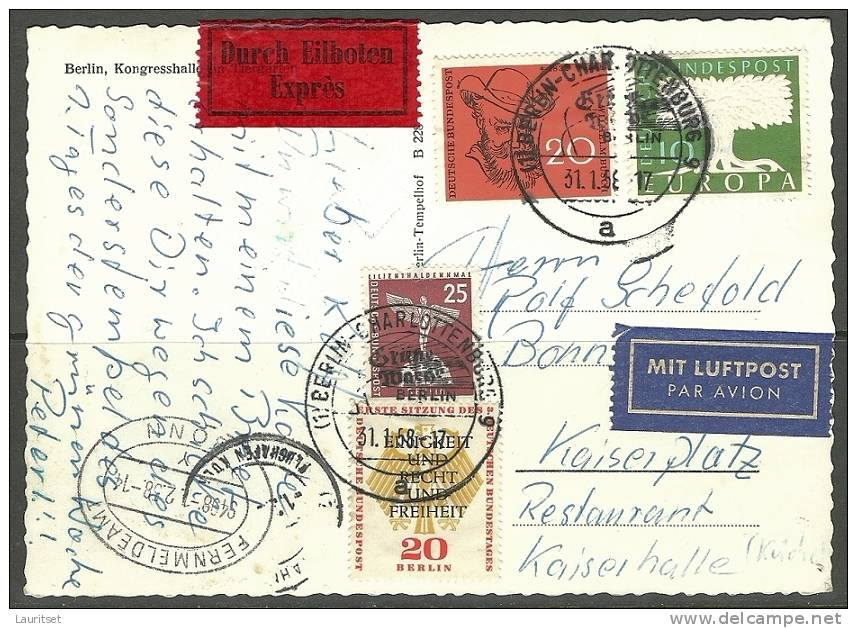 Deutschland Postkarte EILBOTEN Luftpost 1958 Viele Marken Michfrankatur Berlin(Wes) Und BRD - Briefe U. Dokumente