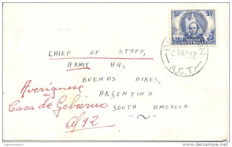 AUSTRALIA ENVELOPPE CIRCULEE 1947 TO DE CHIEF OF STAFF ARMY HQ. BUENOS AIRES CENSORED INTERVENIDA Y ENVIADA A LA CASA DE - Covers & Documents