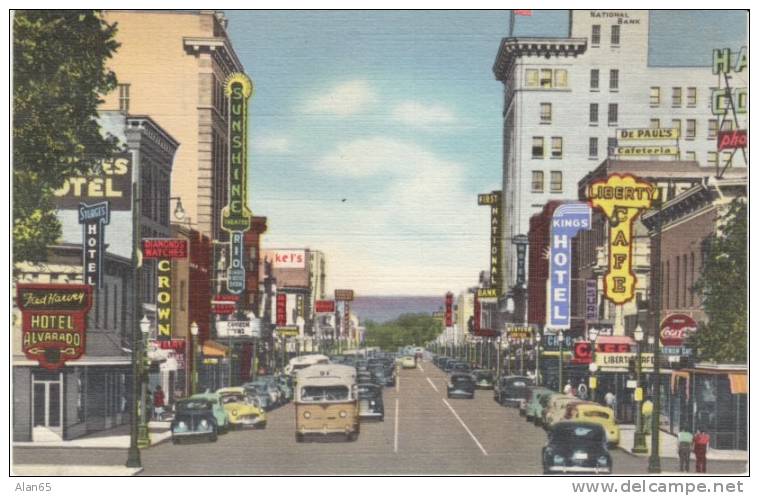 Albuquerque NM, Central Avenue Street, Coca-Cola Bank Cafe Hotel Jewelry Business Signs 1940s Curteich Linen Postcard - Ruta ''66' (Route)