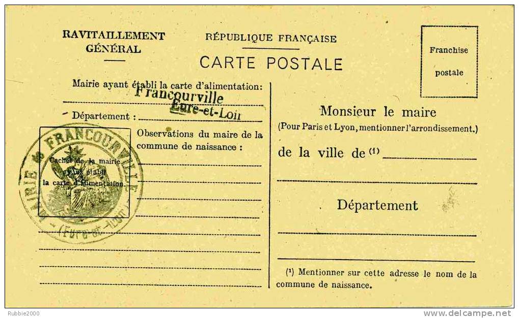 RAVITAILLEMENT GENERAL 1946 FRANCOURVILLE EURE ET LOIR FICHE DE CONTROLE CARTE EN TRES BON ETAT - Documenten