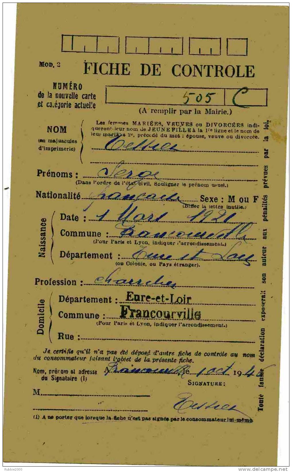 RAVITAILLEMENT GENERAL 1946 FRANCOURVILLE EURE ET LOIR FICHE DE CONTROLE CARTE EN TRES BON ETAT - Documenten