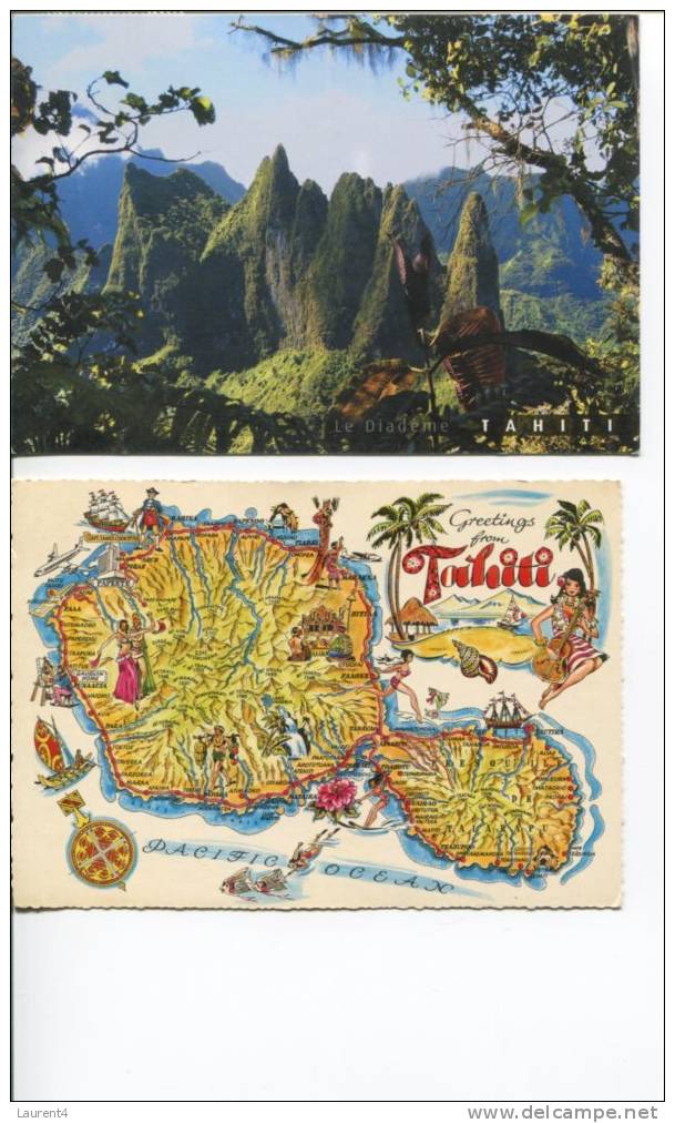 (0204) - Tahiti Postcard -  Map & Mountain - Carte Postale De Tahiti - Französisch-Polynesien