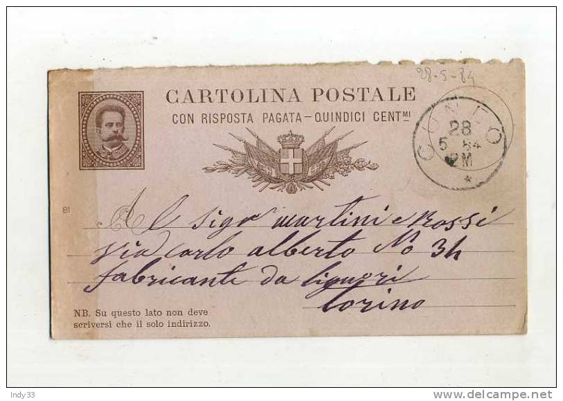 - ITALIE 1878/00 . ENTIER POSTAL SUR CP DE 1884 . - Stamped Stationery