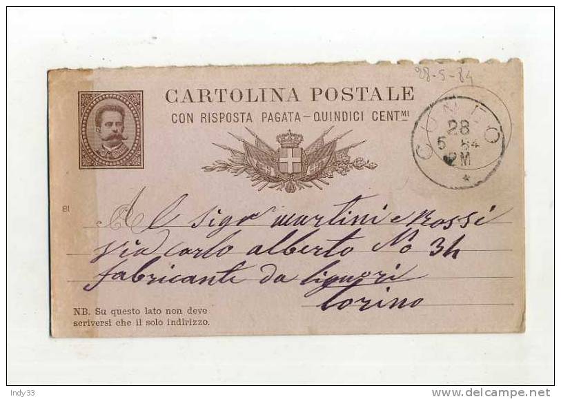 - ITALIE 1878/00 . ENTIER POSTAL SUR CP DE 1884 . - Entiers Postaux