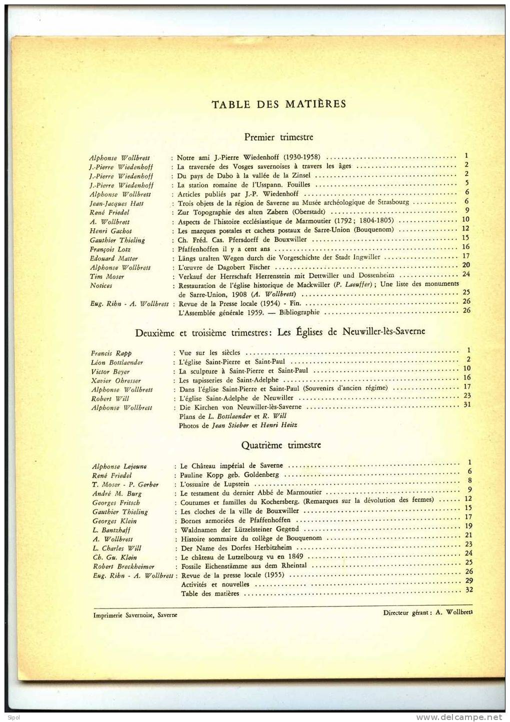 Société  D Histoire Et D Archéologie De Saverne Et Environs- Bulletin Trimestriel 4 ème Trimestre Année 1959 - Alsace