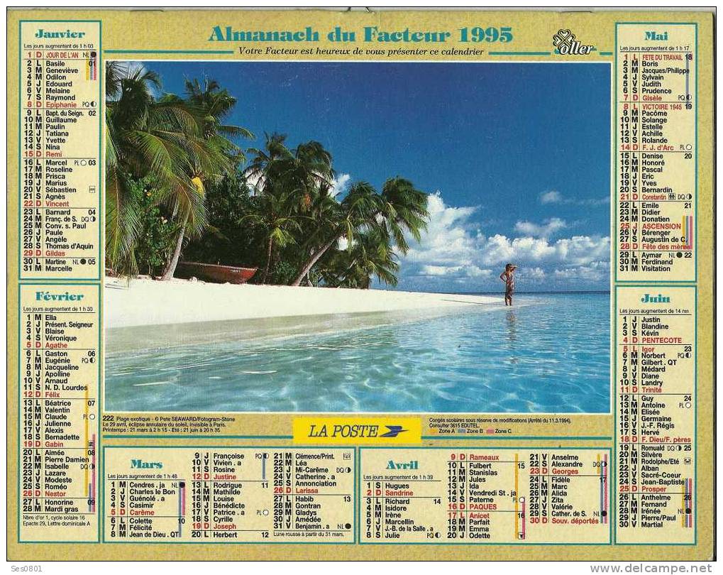 CALENDRIER ALMANACH DES PTT De  1995 - Grossformat : 1991-00