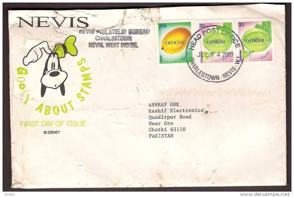 Fruits, Official Ovpt. Stamps, Postal Used Cover From Nevis - Fruits