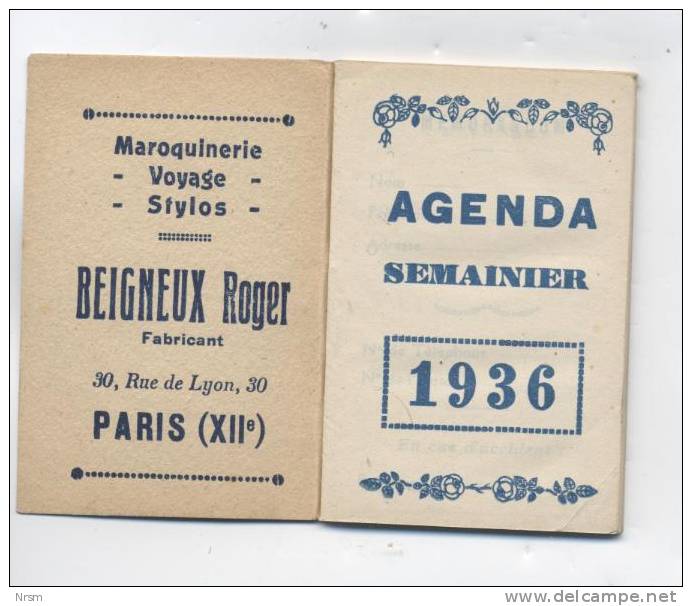 Calendrier 1936 / Maroquinerie BEIGNEUX à Paris - Tamaño Pequeño : 1921-40