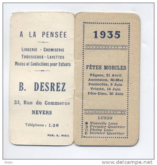 Calendrier 1935 / Publicitaire / Nevers - Tamaño Pequeño : 1921-40