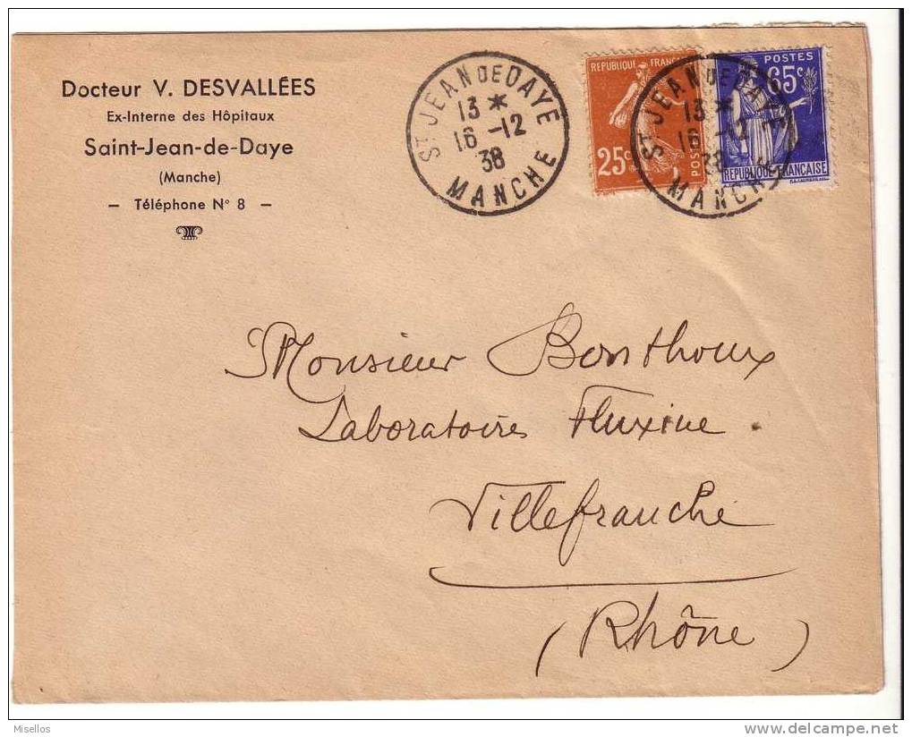 Sobre De Saint Jean De Daye A Villefranche S. Nº 235 Y 365 - Storia Postale