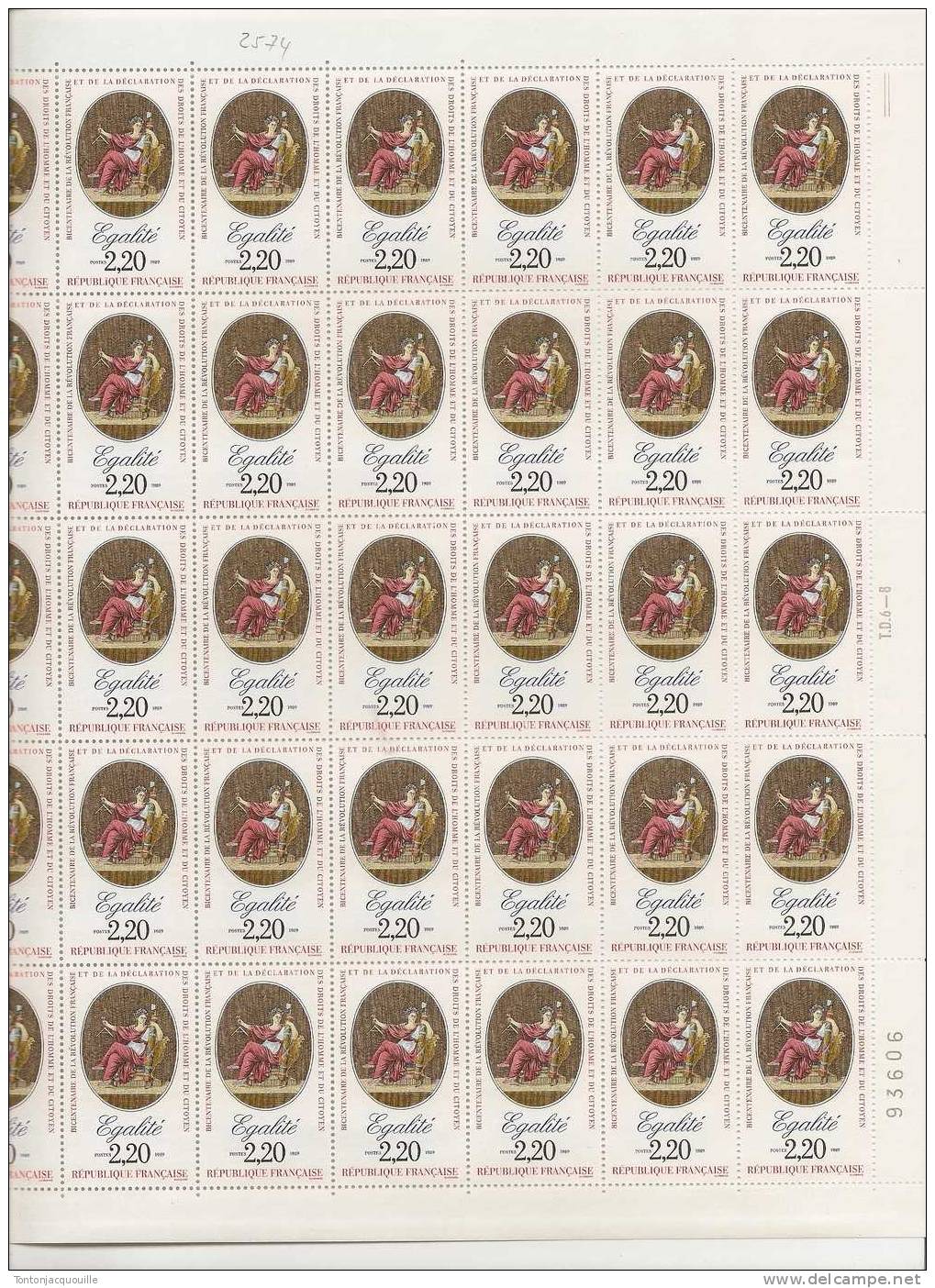 EGALITE ++  FEUILLE DE 40 TIMBRES A 2,20 FRANCS - Feuilles Complètes