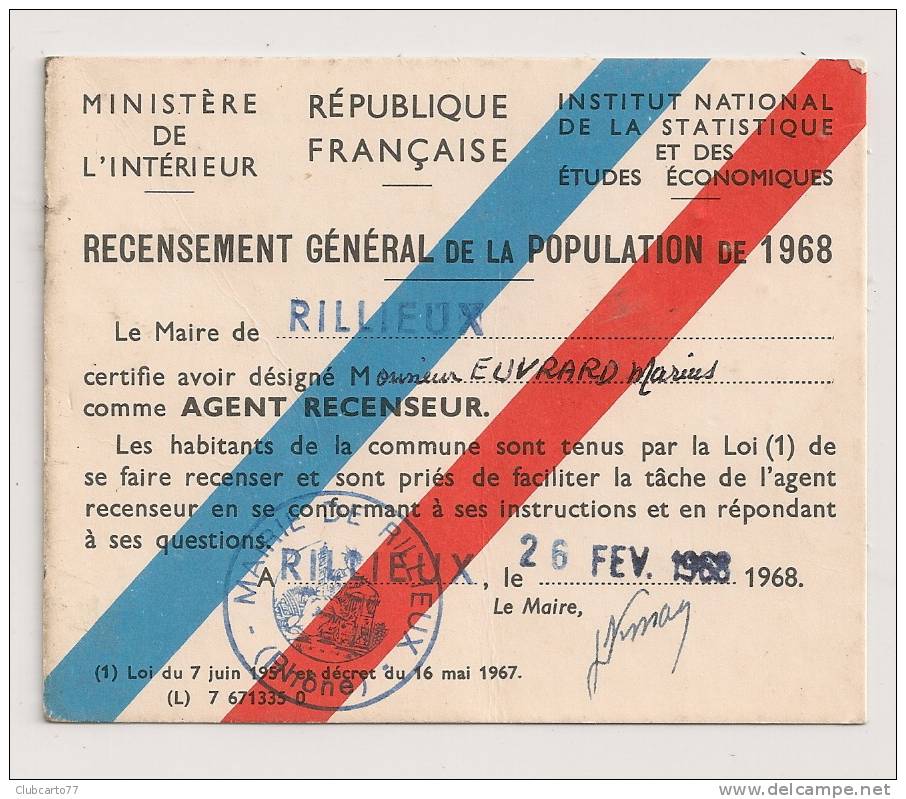 Rilleux-la-pape (69) :  Carte De Recenseur De La Population En 1968 DOC RARE. - Rillieux La Pape