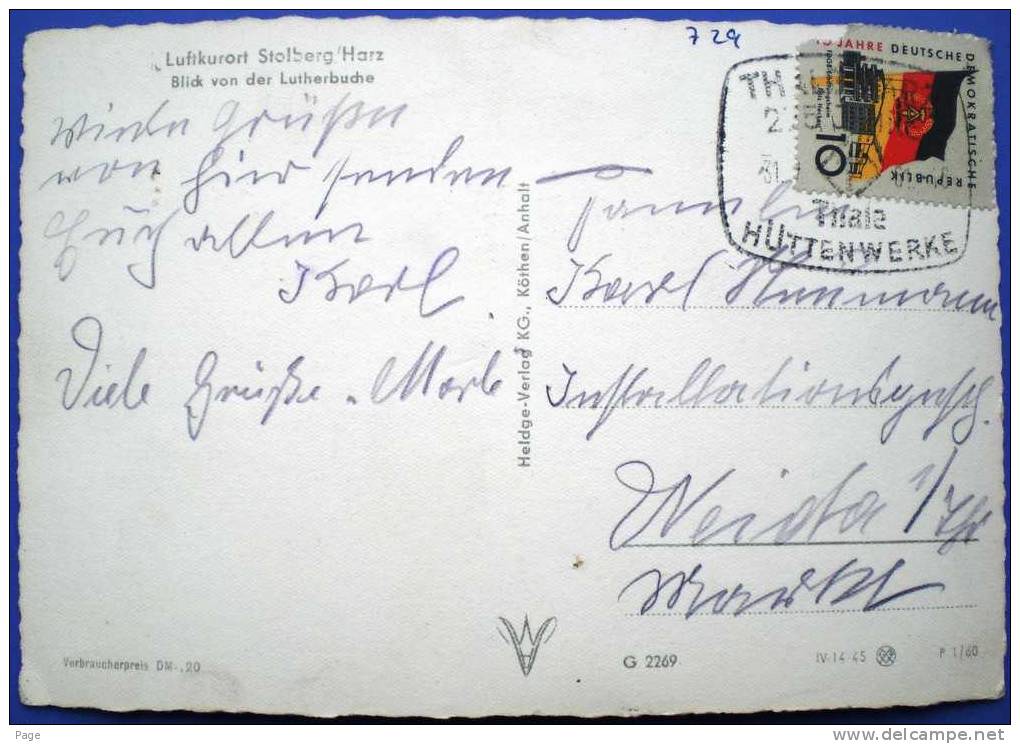 Stolberg,Teilansicht,Blick Von Der Lutherbuche,1961,Sonderstempel,Thale,Hüttenwerke, - Stolberg (Harz)