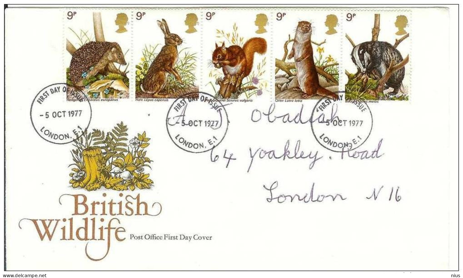 Great Britain 1977 FDC United Kingdom UK, England Badger Squirrel Hedgehog Hare Otter, British Wildlife, London - 1971-1980 Em. Décimales