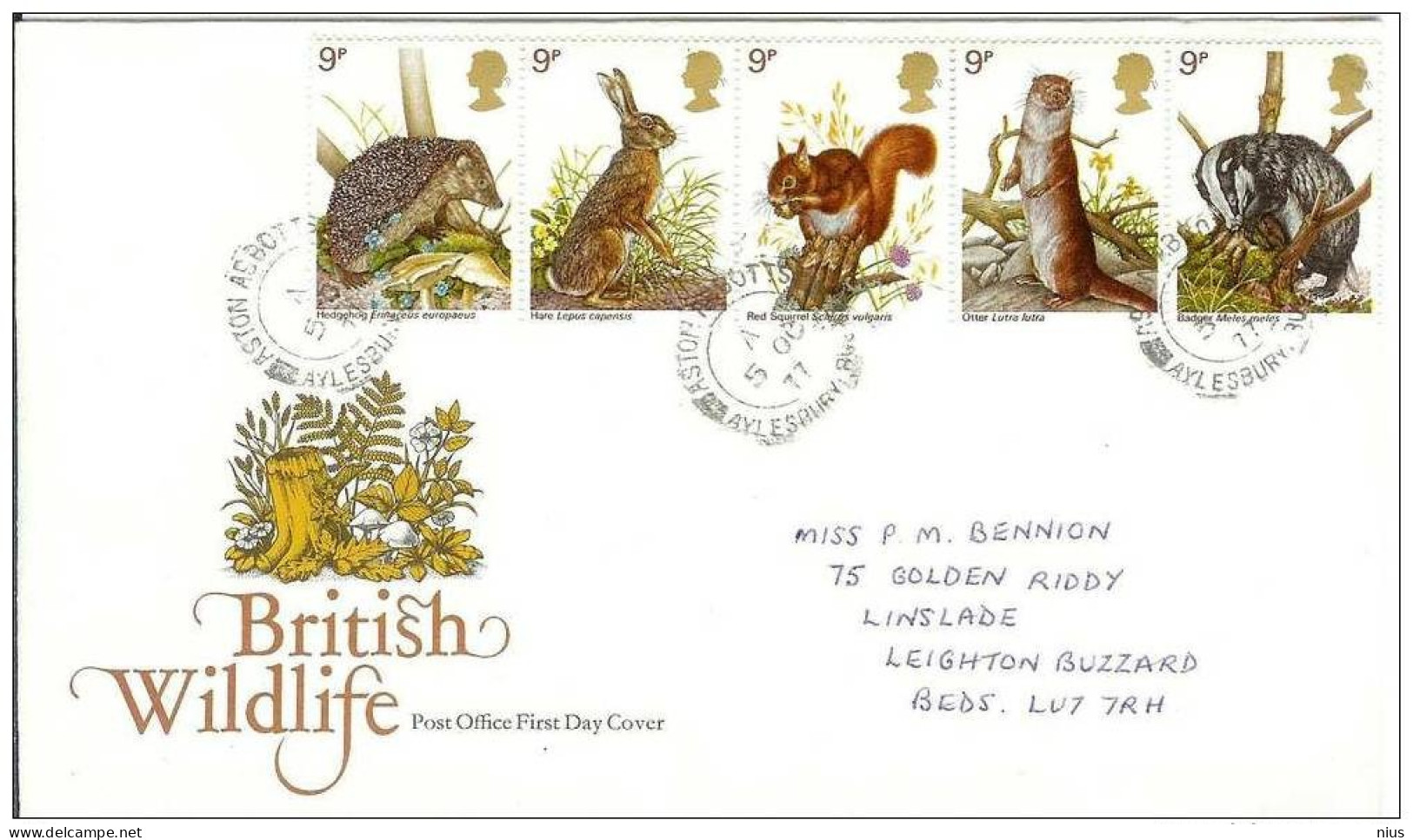 Great Britain 1977 FDC United Kingdom UK, England Badger Squirrel Hedgehog Hare Otter, British Wildlife, London - 1971-1980 Em. Décimales