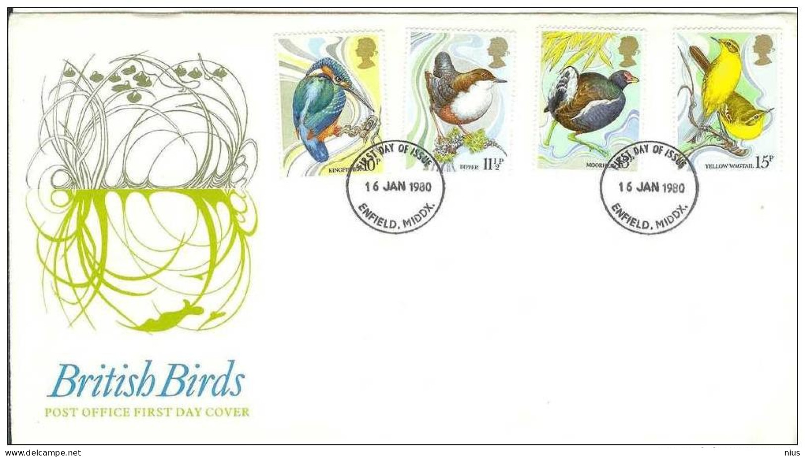 Great Britain 1980 FDC United Kingdom UK, England, Bird Birds Fauna Kingfisher Dipper Yellow Wagtail Moorhenl Enfield - 1971-1980 Decimal Issues