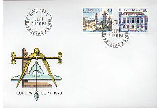 Suisse Joli Fdc 1er Jour 2 Tp Obl Europa CAD 1978 Palais Stockalper Brigue Hotel De Ville Berne Compas équerre - 1978