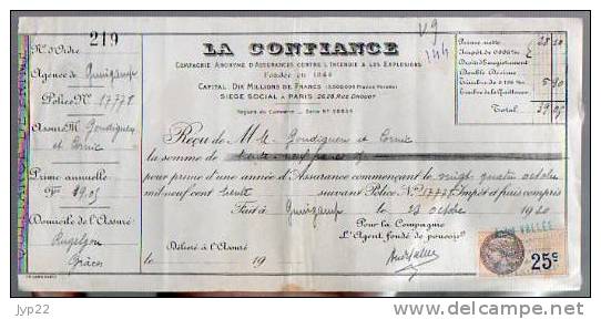 Reçu Assurance La Confiance De Goudiguen & Cornic Grâces 22 - Tp Fiscal Quittances 25 C Guingamp 23-10-1920 - Banque & Assurance