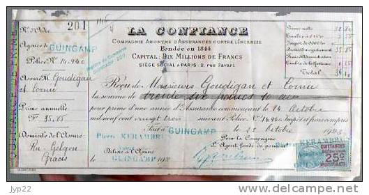 Reçu Assurance La Confiance De Goudiguen & Cornic Grâces 22 Tp Fiscal Quittances 25 C - Guingamp 23-10-1923 - Banque & Assurance