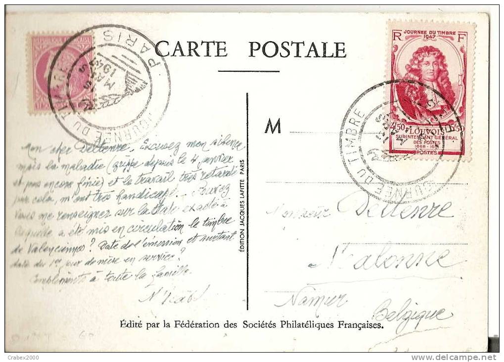Journée Du Timbre PARIS Vers NAMUR (BELGIQUE ) Avec N Y&t 779 Le 14 Mars 1947 - Lettres & Documents