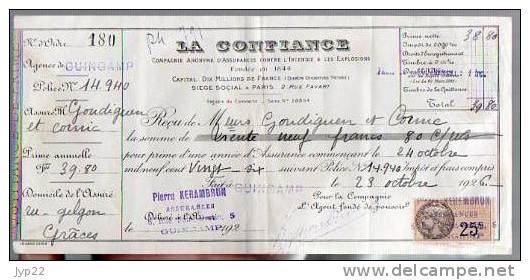 Reçu Assurance La Confiance De Goudiguen & Cornic Grâces 22 Tp Fiscal Quittances 25 C - Guingamp 23-10-1926 - Bank & Versicherung