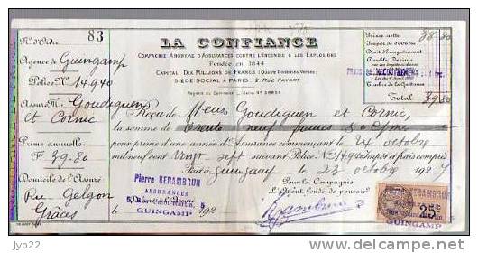 Reçu Assurance La Confiance De Goudiguen & Cornic Grâces 22 / Tp Fiscal Quittances 25 C - Guingamp 23-10-1927 - Bank & Insurance