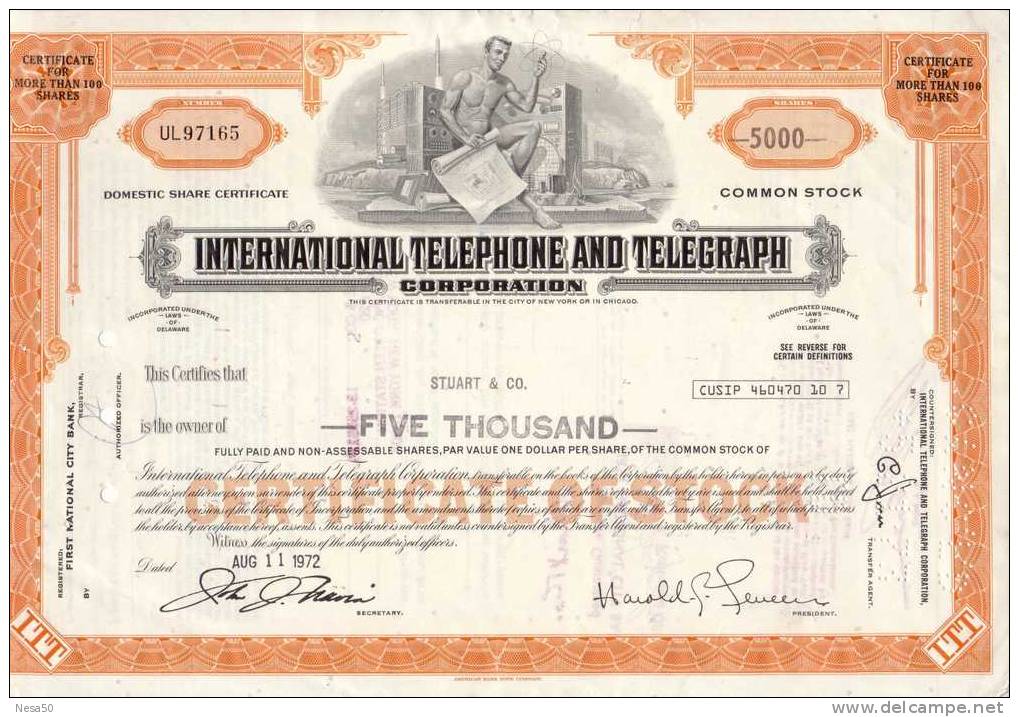 ITT International Telefhone And Telegraph Corp.  5000 Shares - G - I