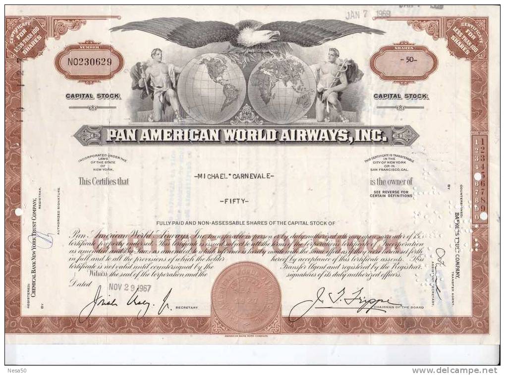 Pan American World Airways, Inc. 50 Shares - Aviazione