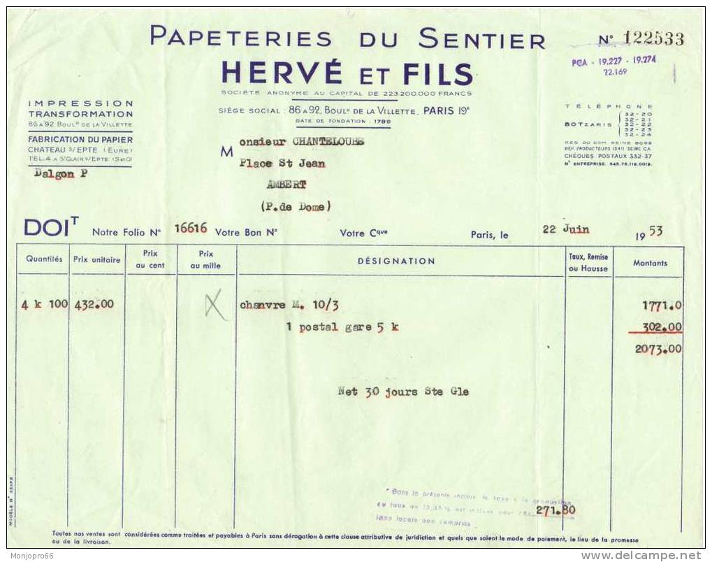 Facture De La Papeteries Du Sentier HERVÉet FILS De Paris Et De 1953 - Drukkerij & Papieren