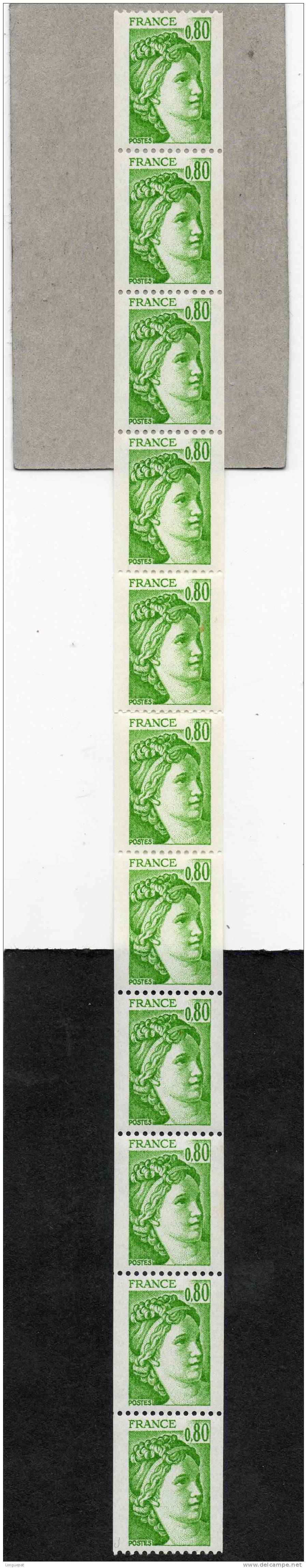 FRANCE :  Roulette De 11 Timbres : SABINE N° 1980, Vert Avec Une Bande De Phosphore (n°310 ) - Coil Stamps