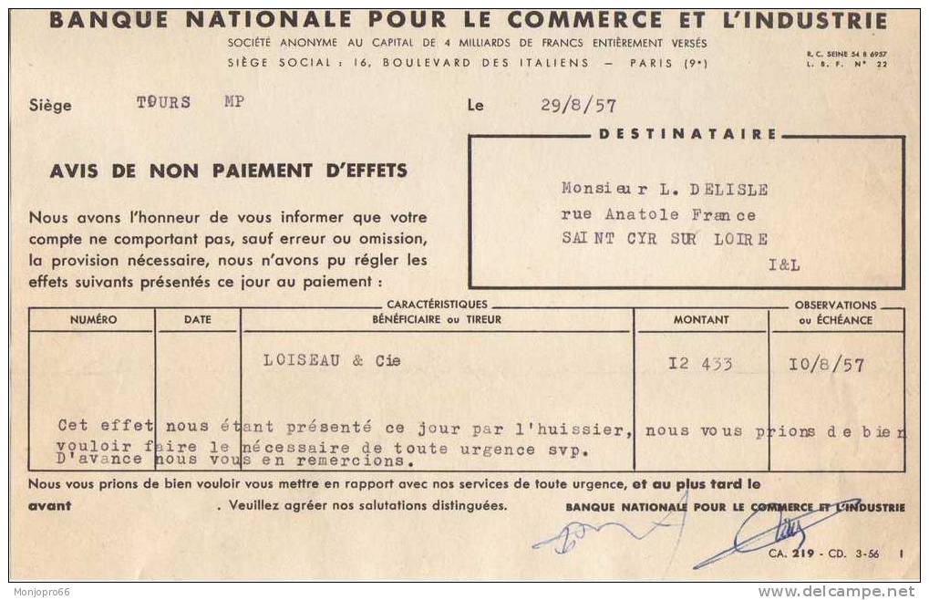 Avis De Non Paiement D'Effets De La Banque Nationale Pour Le Commerce Et L'Industrie De Tours Et De 1957 - Non Classés