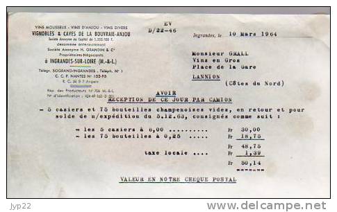 Facture Avoir Vignobles & Caves De La Bouvraie Anjou Ingrandes Sur Loire - 10-03-1964 - Landwirtschaft