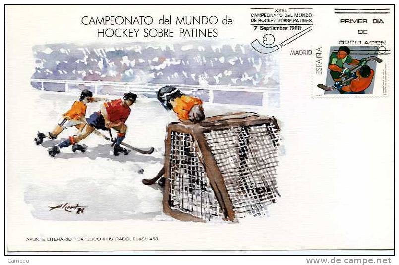 ARTISTIC INTERPRETATION RINK HOCKEY ROLLER  PATINES SPAIN  WORLD CUP 1989 A CORUÑA  FD CACHET POSTMARK - Hockey (su Erba)