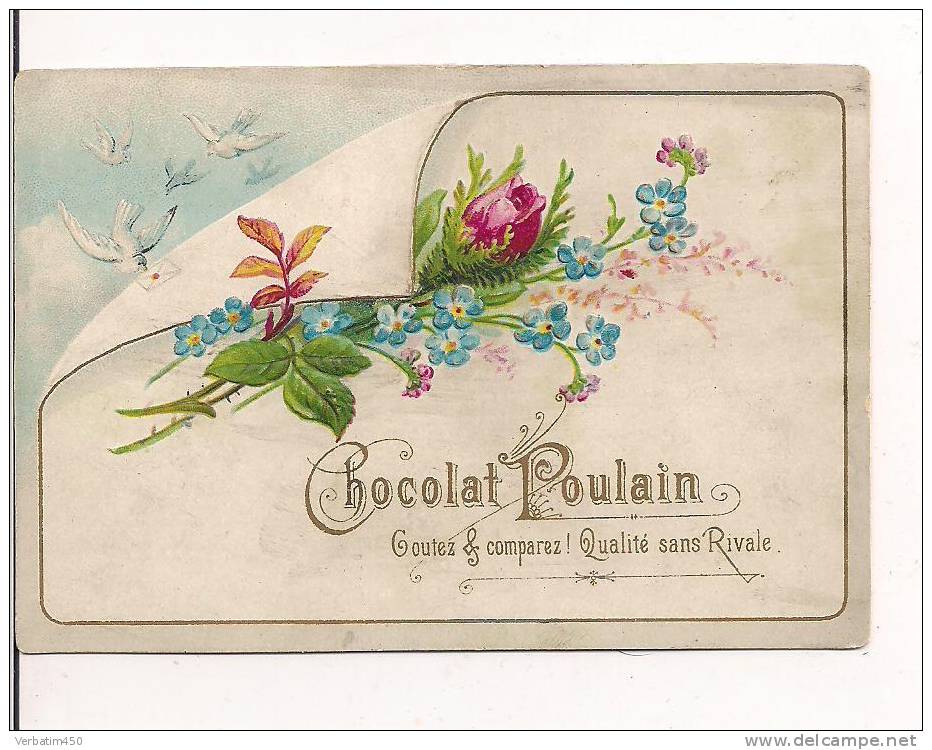 CHROMO CHOCALOLAT POULAIN...BOUQUET  DE FLEURS.ET OISEAU..FORME TELEGRAMME.PUB CHOCOLAT POULAIN..GAUFREE.. - Poulain