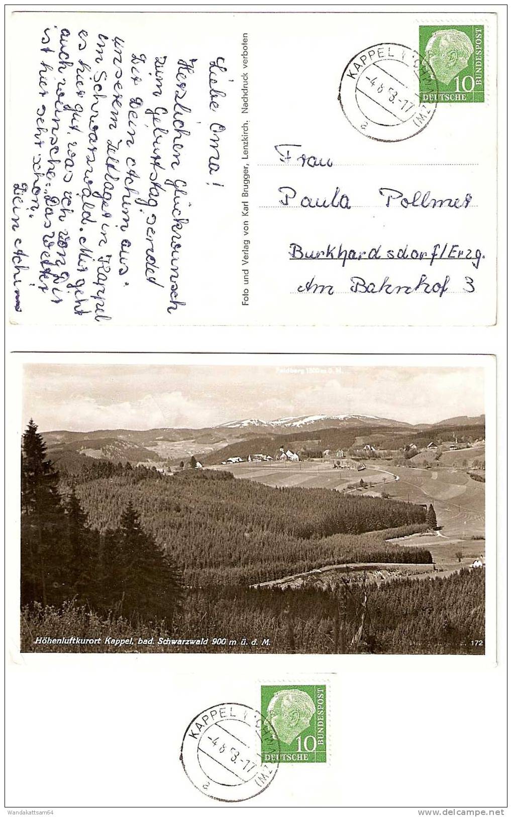 AK 172 Höhenluftkurort Kappel Bad. Schwarzwald 900 M. ü. D. M. -4.8.58 - 17 KAPPEL I. (SCHWARZW) A Nach Burkhardsdorf - Titisee-Neustadt