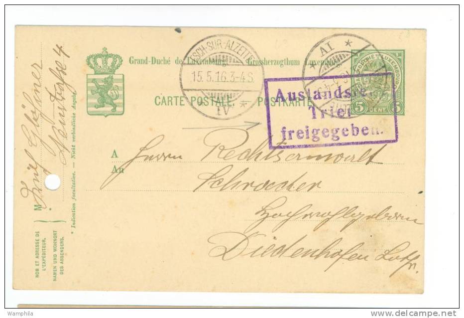 Obl De Essch Sur Alzette 1916 Avec Griffe De La Guerre 14 - 18 - Postwaardestukken
