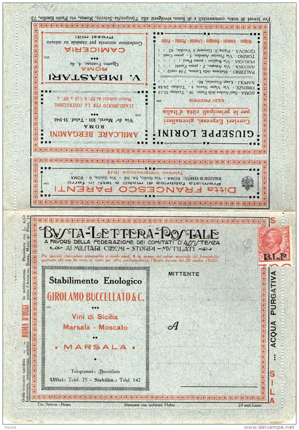 Italia Italy Italien Italie 1921-23 BLP  Busta Pubblicitaria   B.L.P. 10c Buccellato Marsala - Timbres Pour Envel. Publicitaires (BLP)