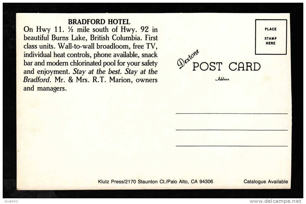 HOTEL - BRADFORD HOTEL - BURNS LAKE BRITISH COLUMBIA - MR MRS R T MARION OWNERS - Hotels & Restaurants