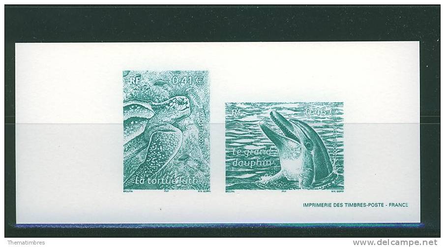 GRA3485 Tortue Luth Grand Dauphin 3485 3486 France 2002 Gravure Officielle - Dolphins