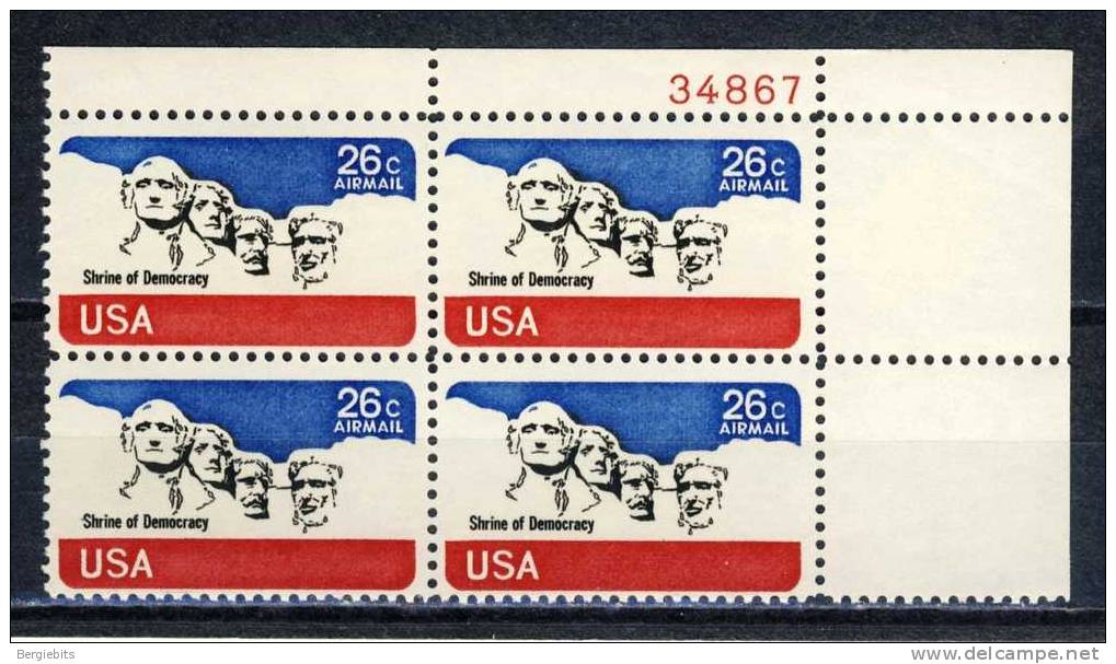1978 United States 26 Cents Airmail MNH Plate Block Of 4 " Mount Rushmore " - Plate Blocks & Sheetlets