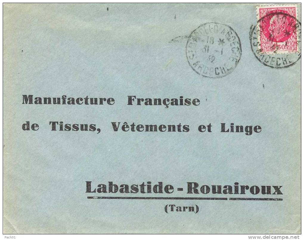 Lettre De Saint Marcel D'Ardeche Pour Labastide Rouairoux Tarn - Briefe U. Dokumente