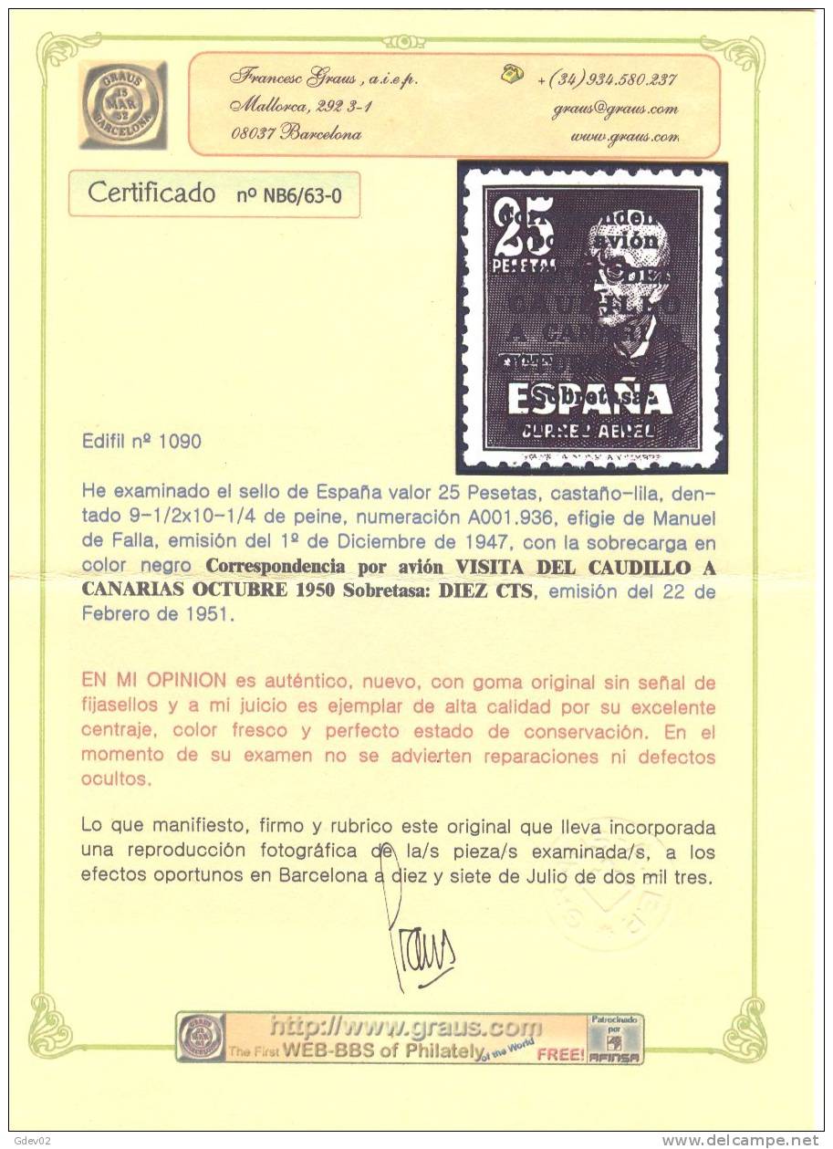 ES1090-L1580.Espagne .Spain.Manuel De Falla.FRANCO.VISITA  A CANARIAS.1951.(Ed 1090**). Sin Charnela.LUJO - Unused Stamps