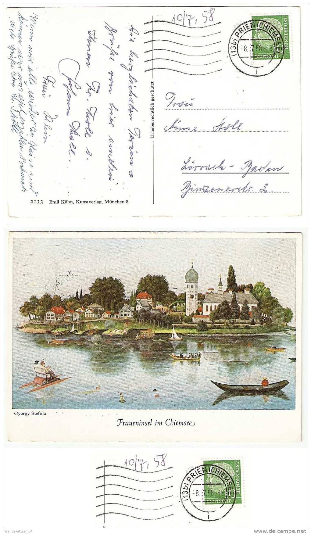 AK 2133 Fraueninsel Im Chiemsee Gyorgy Stefula Boote Angler -8.7.58-18 (13b) PRIEN (CHIEMSEE) I Nach Lörrach (Baden) - Rosenheim