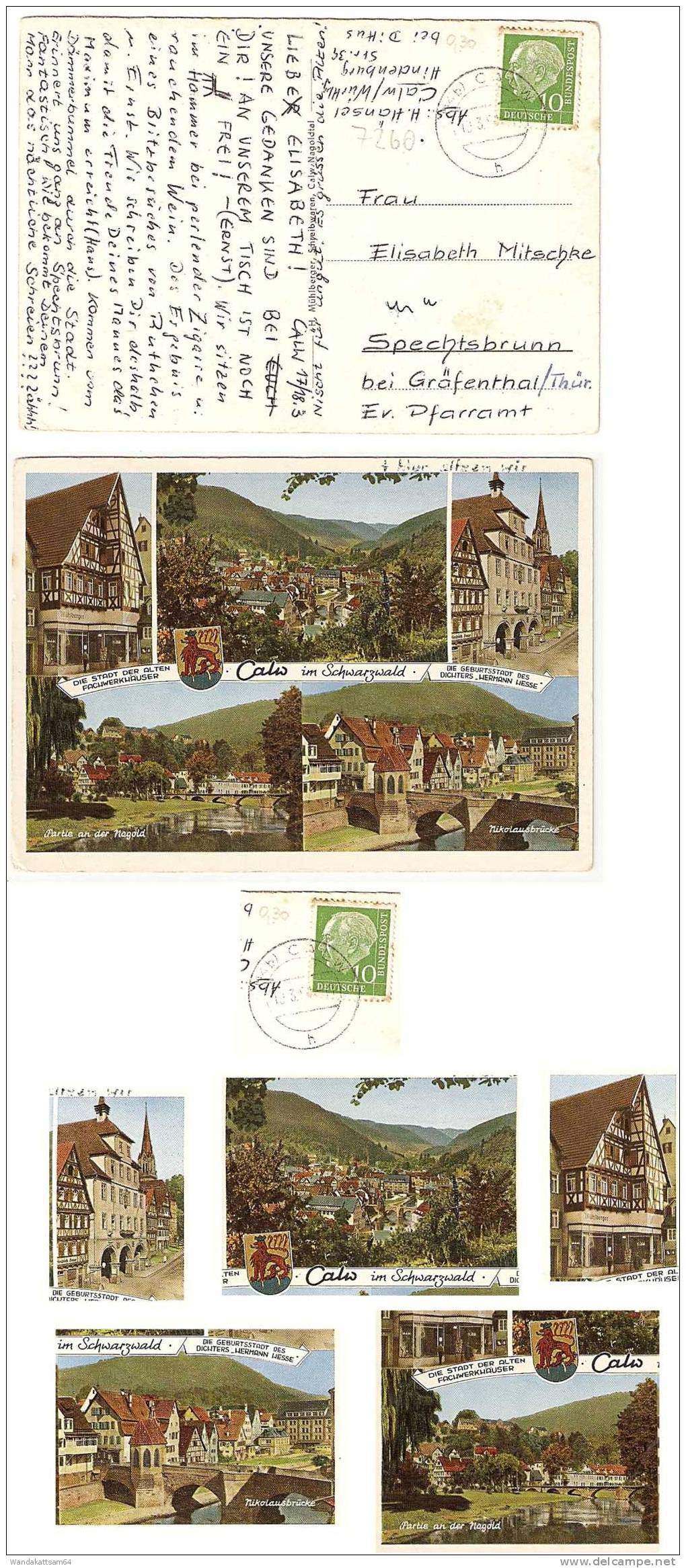 AK Calw I Schwarzwald Mehrbild Mit Wappen 5 Bilder Fachwerkhäuser 19.3.59-11 (14b) CALW H Nach Spechtsbrunn B Gräfenthal - Calw