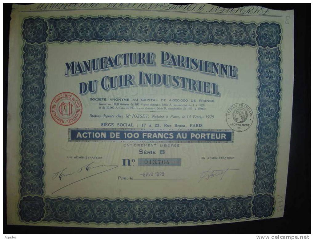 Action " Manufacture Parisienne Du Cuir Industriel " Paris   1929 Scripophilie - Industry